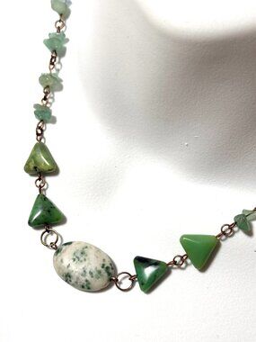 Green Stone Geometric Necklace, Tree Agate, Chalcedony, Aventurine & Copper Link
